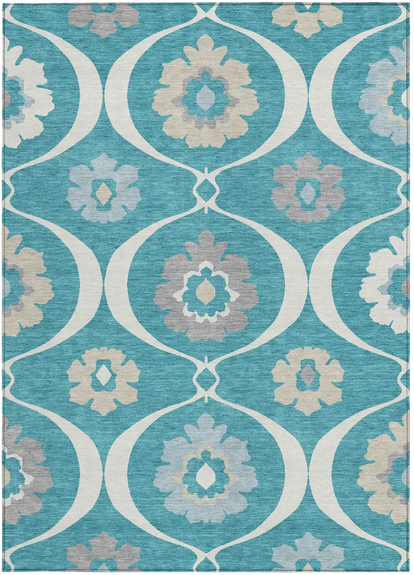 Teal Blue Gray And Beige Medallion Washable Indoor Outdoor Area Rug Photo 8