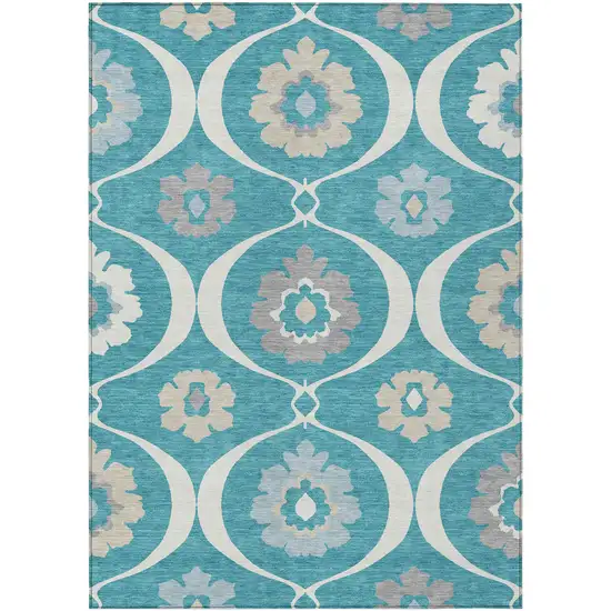 Teal Blue Gray And Beige Medallion Washable Indoor Outdoor Area Rug Photo 2