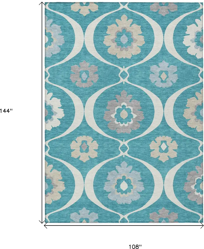 Teal Blue Gray And Beige Medallion Washable Indoor Outdoor Area Rug Photo 3