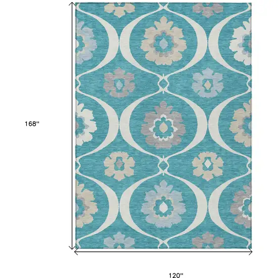 Teal Blue Gray And Beige Medallion Washable Indoor Outdoor Area Rug Photo 3
