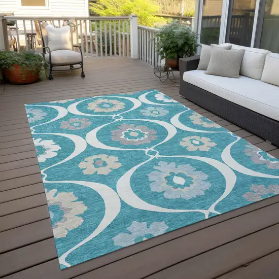 Teal Blue Gray And Beige Medallion Washable Indoor Outdoor Area Rug Photo 9