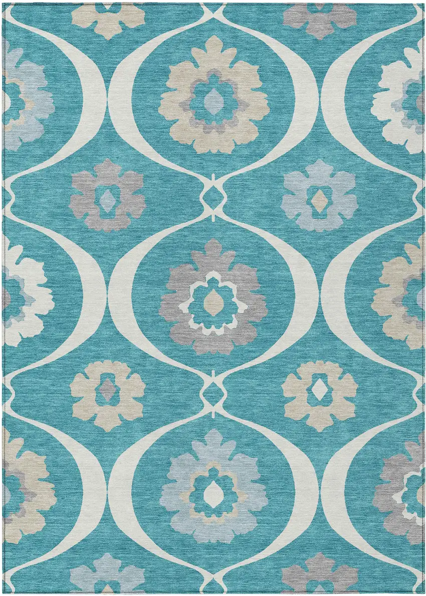 Teal Blue Gray And Beige Medallion Washable Indoor Outdoor Area Rug Photo 2