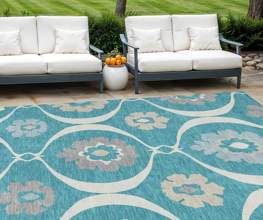 Teal Blue Gray And Beige Medallion Washable Indoor Outdoor Area Rug Photo 1