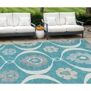 Photo of Teal Blue Gray And Beige Medallion Washable Indoor Outdoor Area Rug