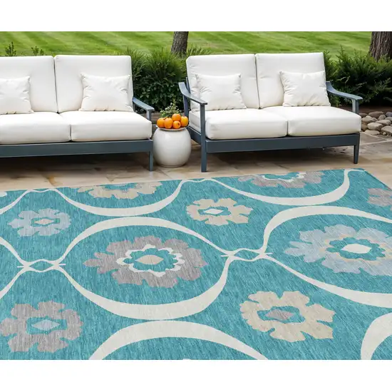Teal Blue Gray And Beige Medallion Washable Indoor Outdoor Area Rug Photo 1