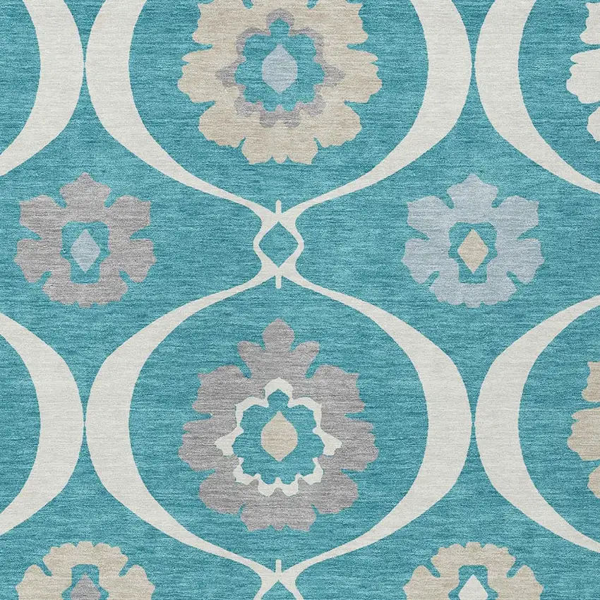 Teal Blue Gray And Beige Medallion Washable Indoor Outdoor Area Rug Photo 6
