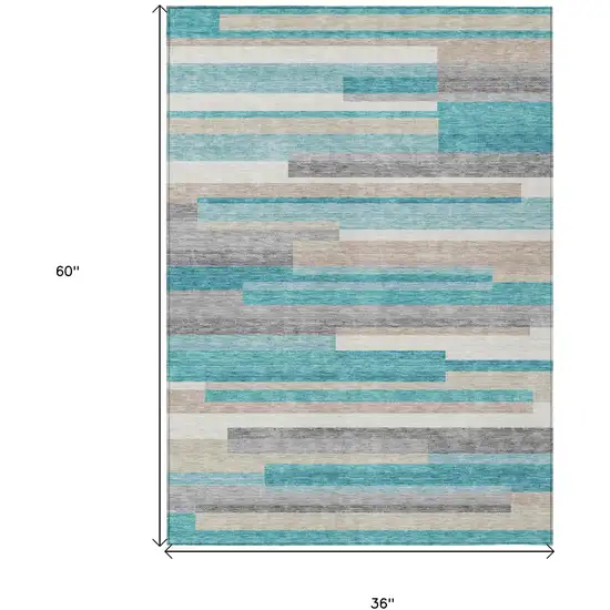 Teal Blue Gray And Beige Striped Washable Indoor Outdoor Area Rug Photo 8