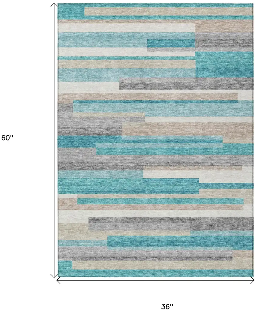 Teal Blue Gray And Beige Striped Washable Indoor Outdoor Area Rug Photo 8