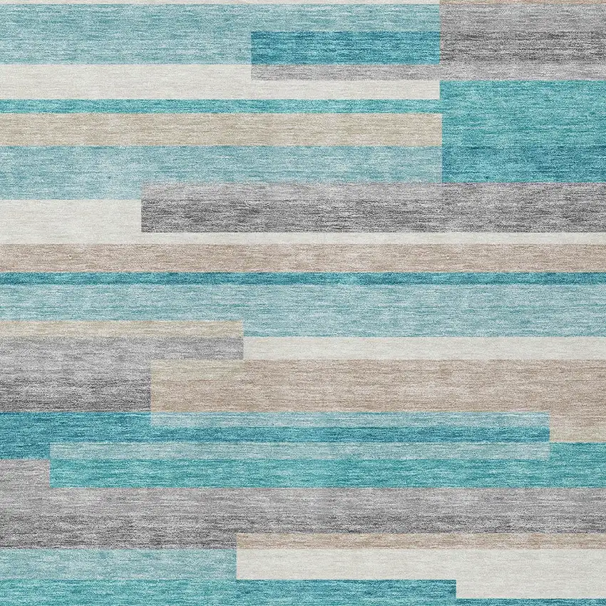 Teal Blue Gray And Beige Striped Washable Indoor Outdoor Area Rug Photo 6