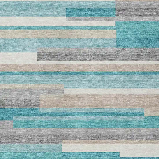 Teal Blue Gray And Beige Striped Washable Indoor Outdoor Area Rug Photo 6
