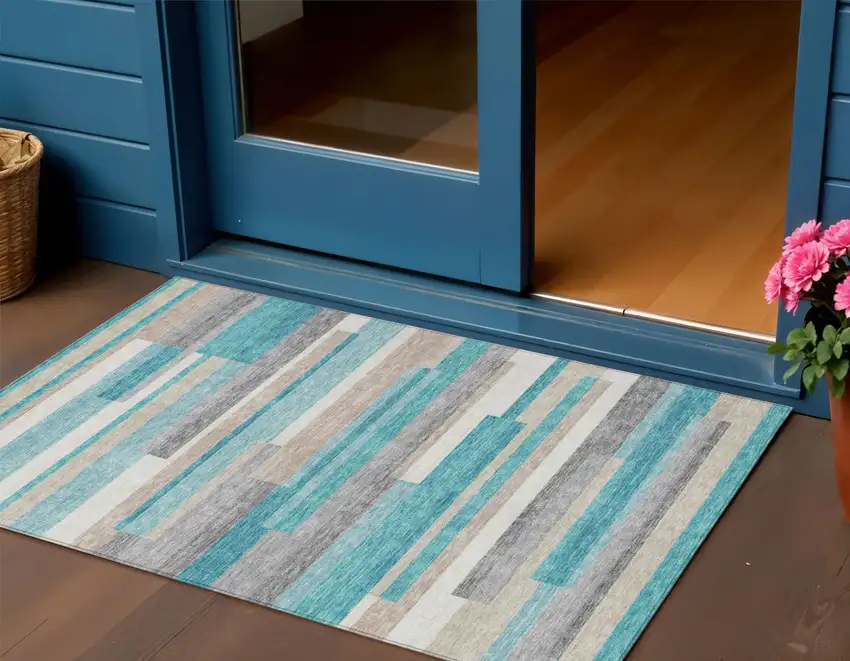 Teal Blue Gray And Beige Striped Washable Indoor Outdoor Area Rug Photo 1