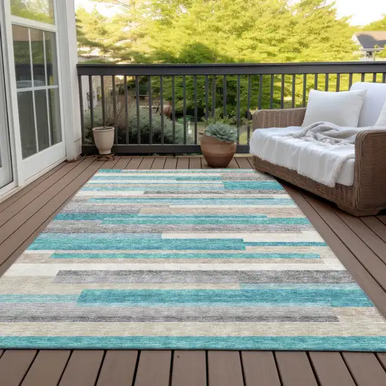 Teal Blue Gray And Beige Striped Washable Indoor Outdoor Area Rug Photo 8