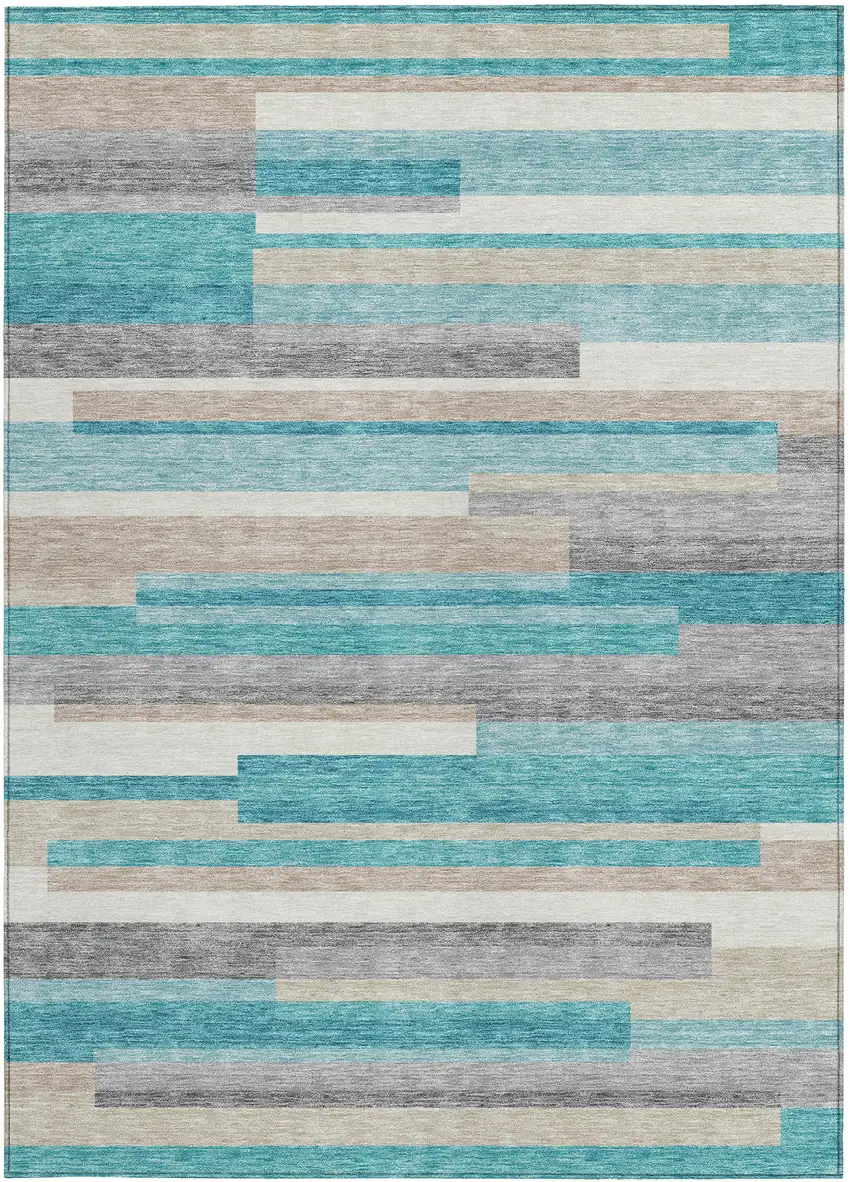 Teal Blue Gray And Beige Striped Washable Indoor Outdoor Area Rug Photo 7