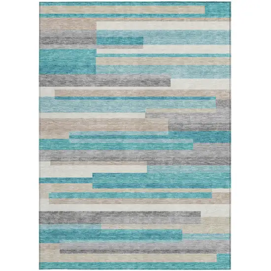 Teal Blue Gray And Beige Striped Washable Indoor Outdoor Area Rug Photo 7