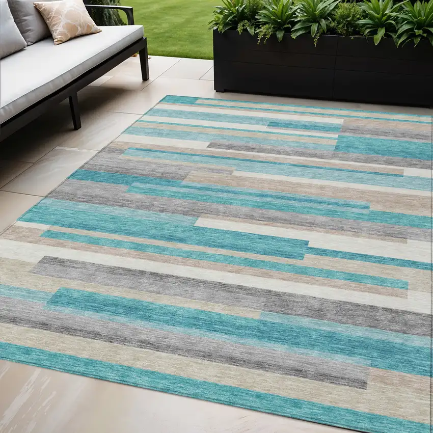Teal Blue Gray And Beige Striped Washable Indoor Outdoor Area Rug Photo 1