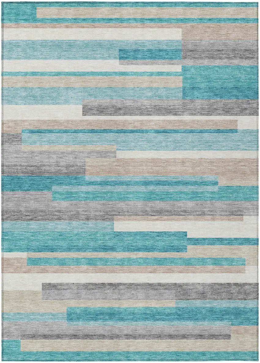 Teal Blue Gray And Beige Striped Washable Indoor Outdoor Area Rug Photo 2