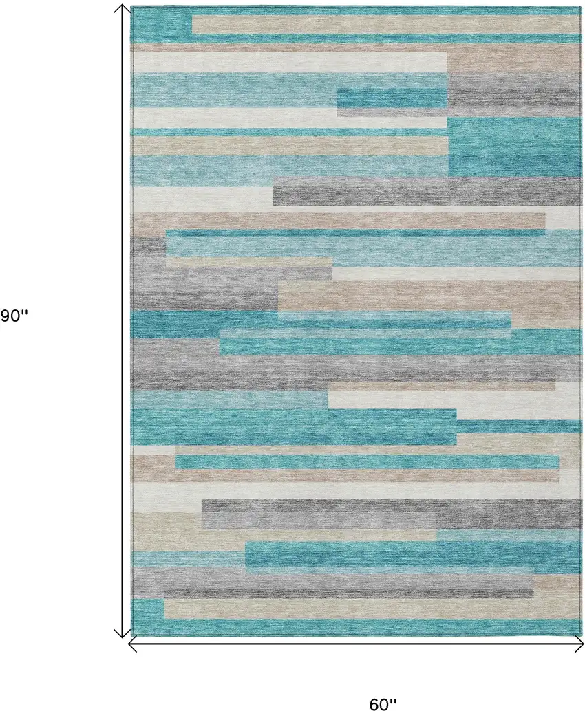 Teal Blue Gray And Beige Striped Washable Indoor Outdoor Area Rug Photo 3