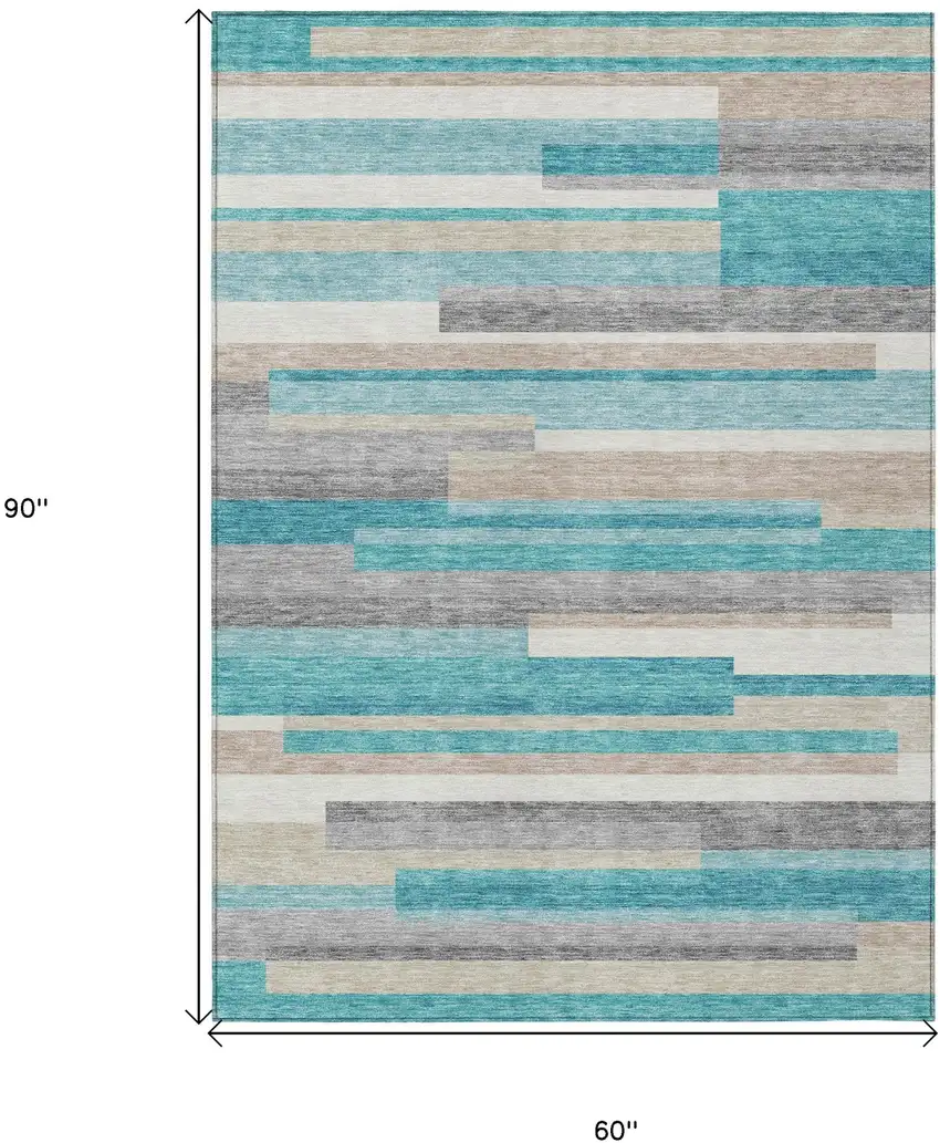 Teal Blue Gray And Beige Striped Washable Indoor Outdoor Area Rug Photo 3