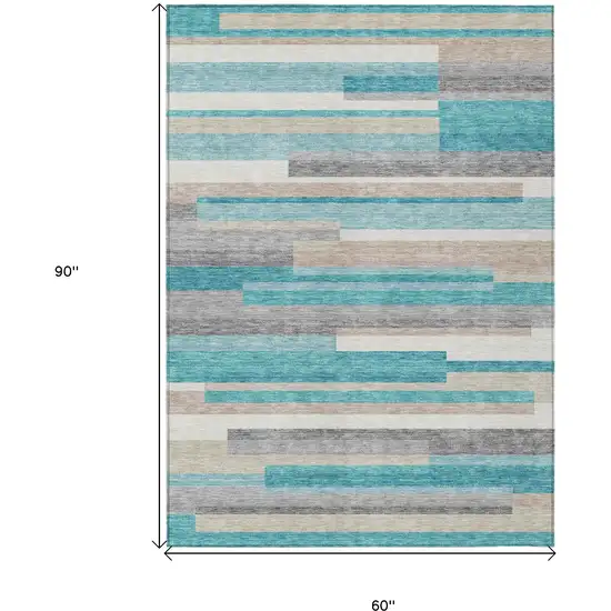 Teal Blue Gray And Beige Striped Washable Indoor Outdoor Area Rug Photo 3