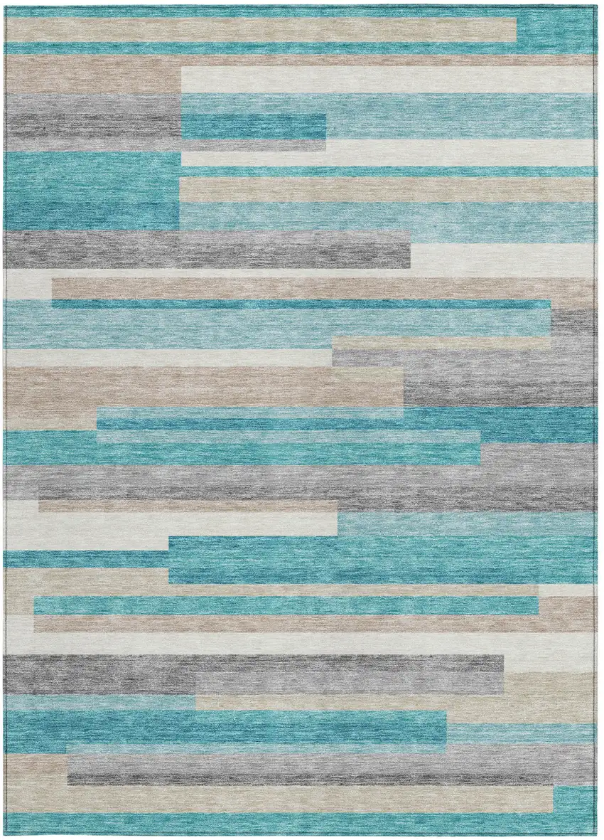 Teal Blue Gray And Beige Striped Washable Indoor Outdoor Area Rug Photo 6