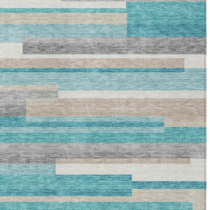 Teal Blue Gray And Beige Striped Washable Indoor Outdoor Area Rug Photo 5