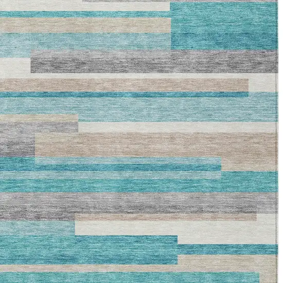 Teal Blue Gray And Beige Striped Washable Indoor Outdoor Area Rug Photo 5