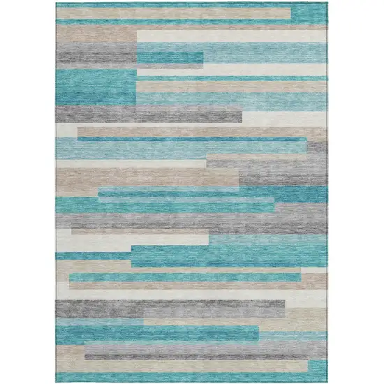 Teal Blue Gray And Beige Striped Washable Indoor Outdoor Area Rug Photo 6
