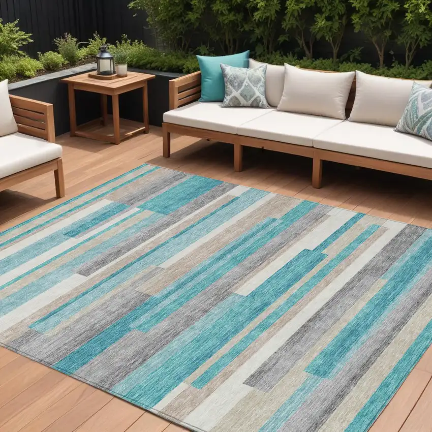 Teal Blue Gray And Beige Striped Washable Indoor Outdoor Area Rug Photo 1