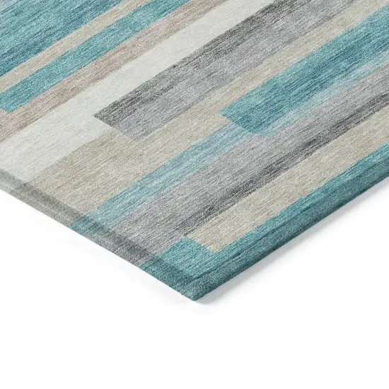Teal Blue Gray And Beige Striped Washable Indoor Outdoor Area Rug Photo 3