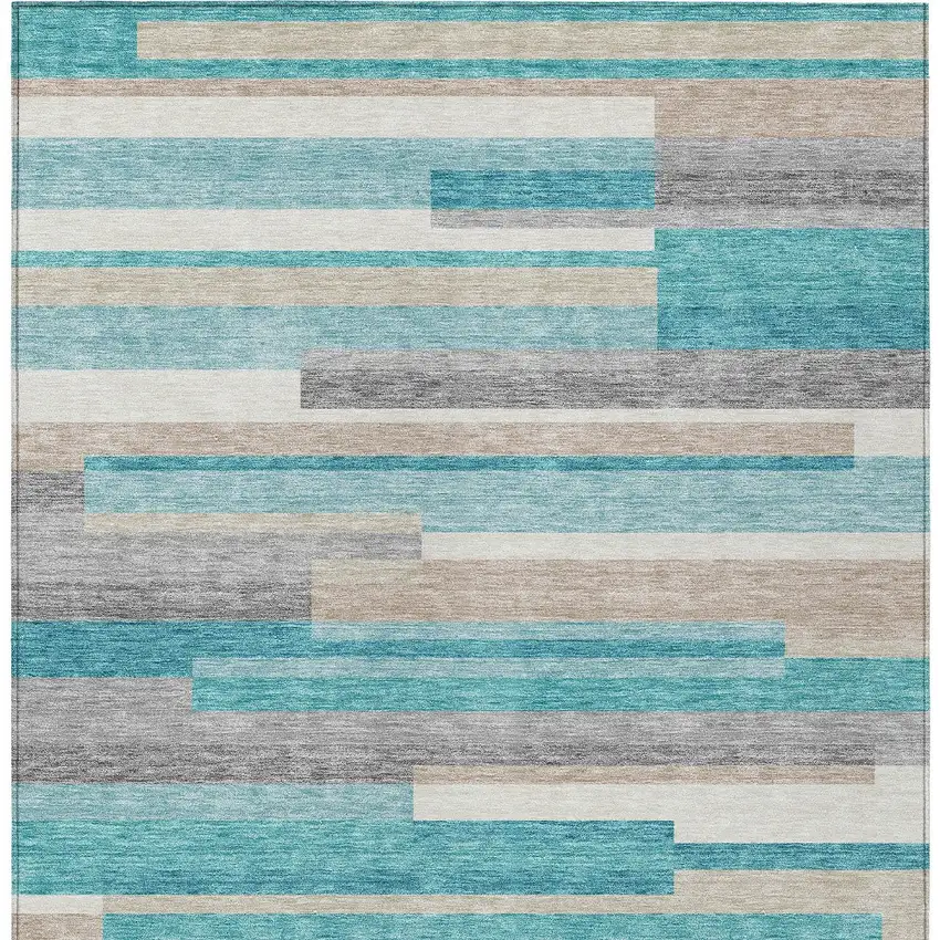 Teal Blue Gray And Beige Striped Washable Indoor Outdoor Area Rug Photo 5