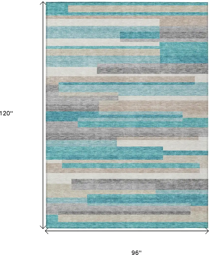 Teal Blue Gray And Beige Striped Washable Indoor Outdoor Area Rug Photo 3