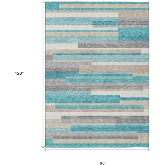 Teal Blue Gray And Beige Striped Washable Indoor Outdoor Area Rug Photo 3