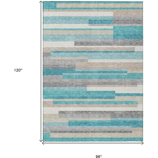 Teal Blue Gray And Beige Striped Washable Indoor Outdoor Area Rug Photo 3
