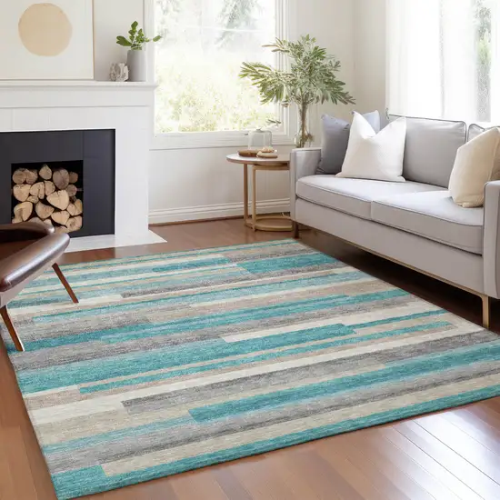 Teal Blue Gray And Beige Striped Washable Indoor Outdoor Area Rug Photo 9