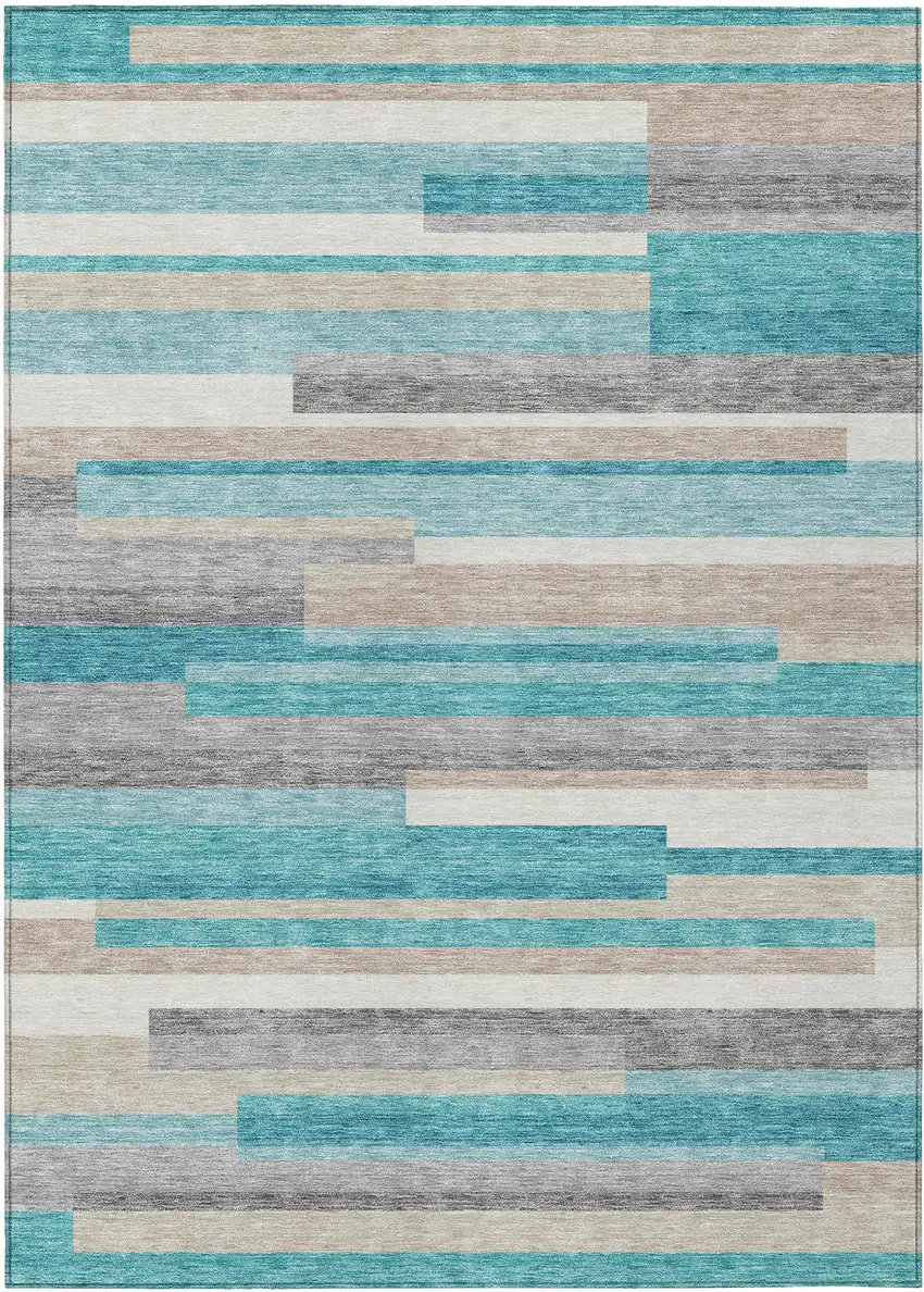 Teal Blue Gray And Beige Striped Washable Indoor Outdoor Area Rug Photo 1
