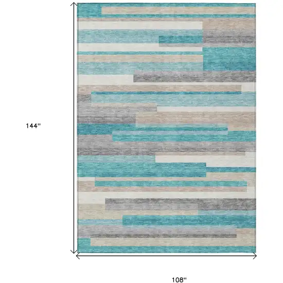 Teal Blue Gray And Beige Striped Washable Indoor Outdoor Area Rug Photo 3