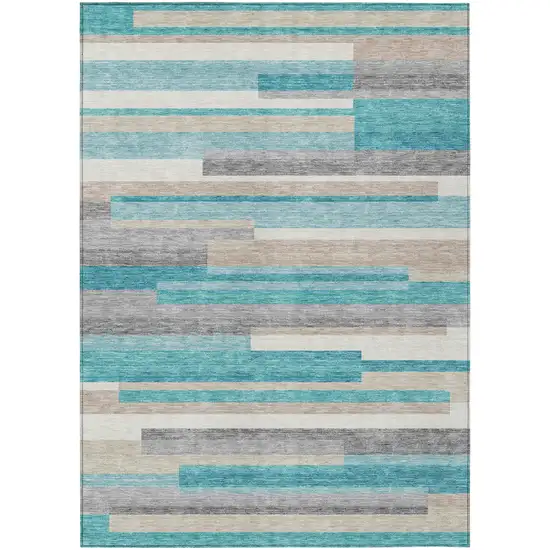 Teal Blue Gray And Beige Striped Washable Indoor Outdoor Area Rug Photo 2