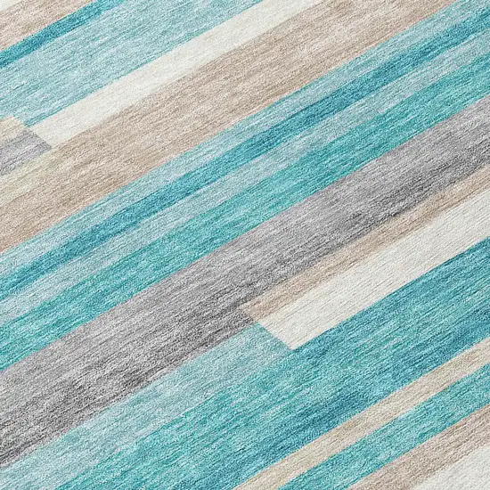 Teal Blue Gray And Beige Striped Washable Indoor Outdoor Area Rug Photo 4
