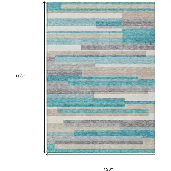 Teal Blue Gray And Beige Striped Washable Indoor Outdoor Area Rug Photo 3