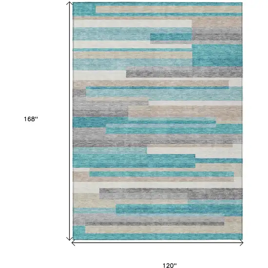 Teal Blue Gray And Beige Striped Washable Indoor Outdoor Area Rug Photo 3
