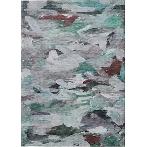 Photo of Teal Blue Gray And Brown Abstract Washable Indoor Outdoor Area Rug