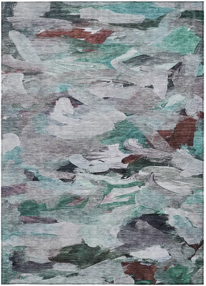 Teal Blue Gray And Brown Abstract Washable Indoor Outdoor Area Rug Photo 6