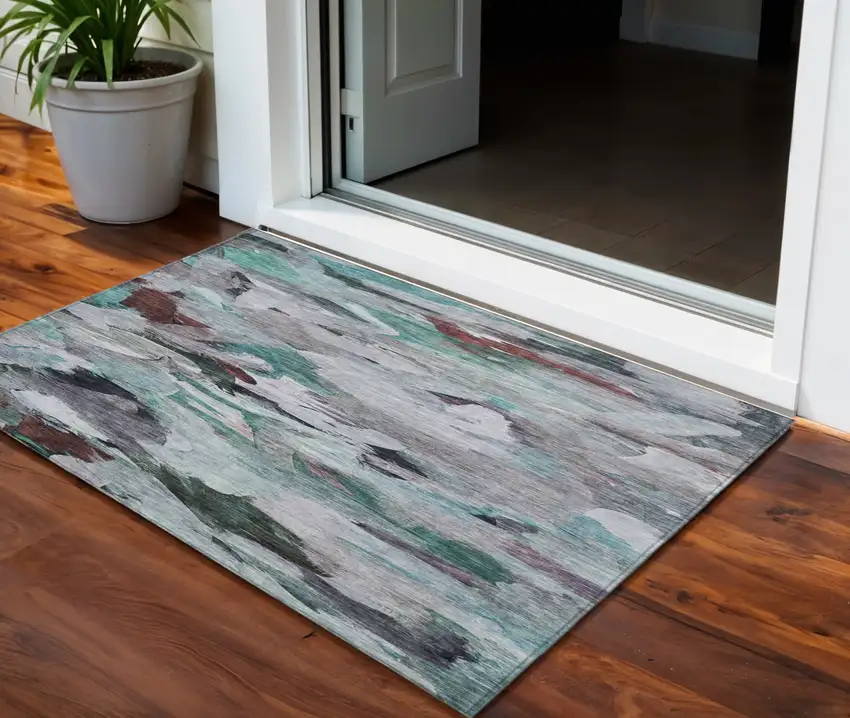 Teal Blue Gray And Brown Abstract Washable Indoor Outdoor Area Rug Photo 1