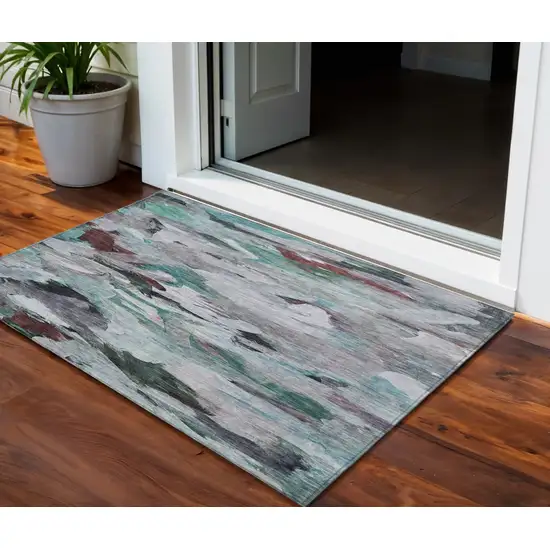 Teal Blue Gray And Brown Abstract Washable Indoor Outdoor Area Rug Photo 1