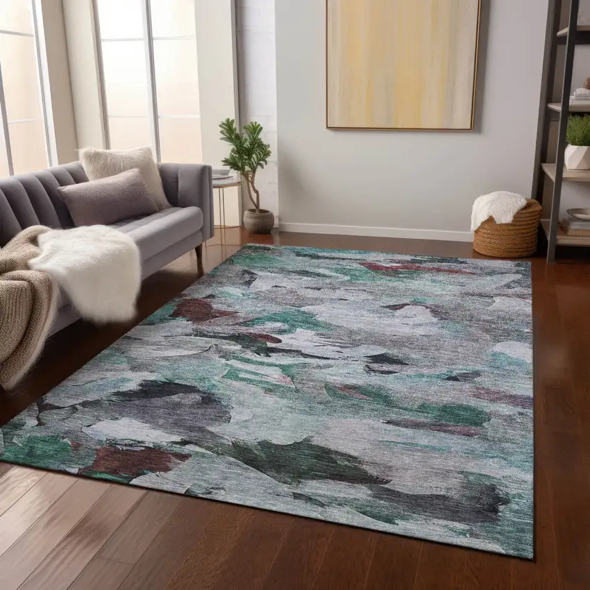 Teal Blue Gray And Brown Abstract Washable Indoor Outdoor Area Rug Photo 9