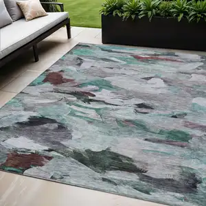 Photo of Teal Blue Gray And Brown Abstract Washable Indoor Outdoor Area Rug