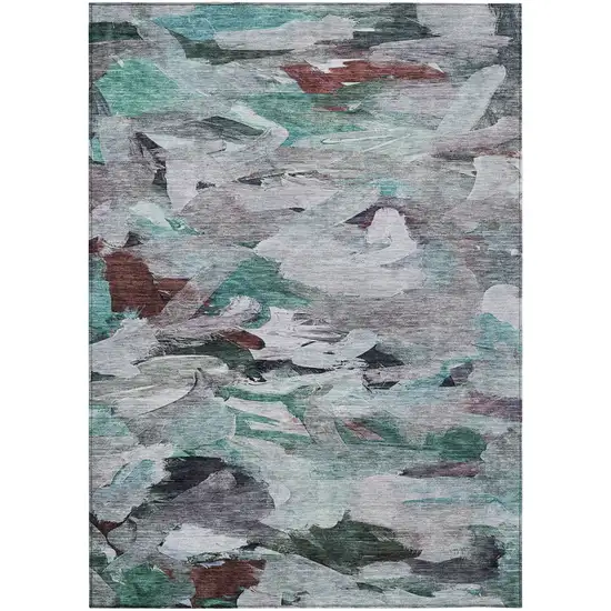 Teal Blue Gray And Brown Abstract Washable Indoor Outdoor Area Rug Photo 2