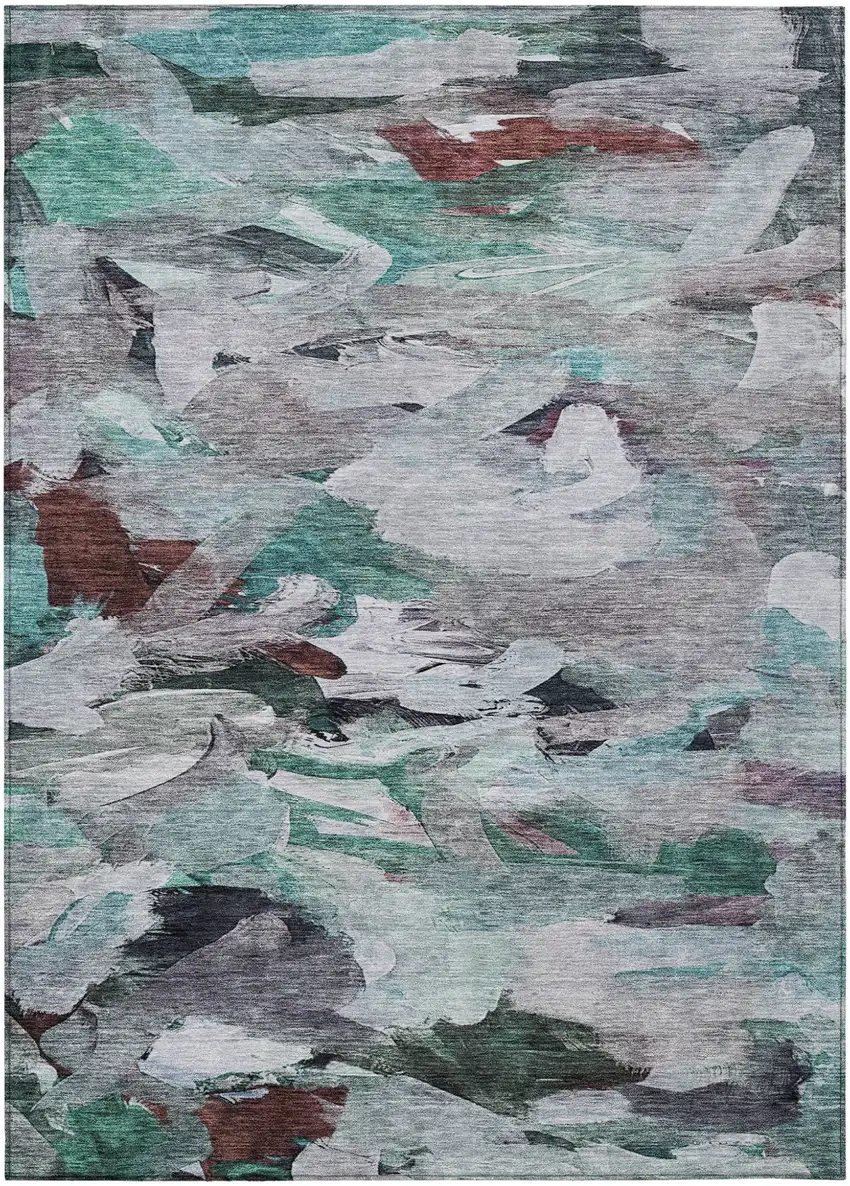 Teal Blue Gray And Brown Abstract Washable Indoor Outdoor Area Rug Photo 2