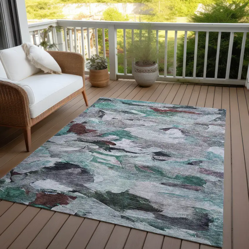 Teal Blue Gray And Brown Abstract Washable Indoor Outdoor Area Rug Photo 8
