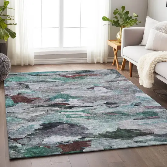 Teal Blue Gray And Brown Abstract Washable Indoor Outdoor Area Rug Photo 9